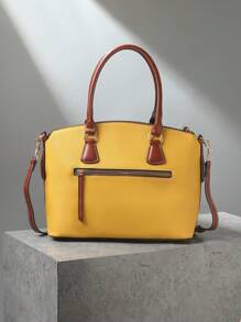 Refined Top Handle Zipper Satchel, Fashion-Forward Womens Textured PU Leather Bag For Everyday Style,Timeless Vintage Western Handbag - Eye-Catching Colorblock Design - Màu vàng - Xem 5