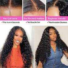 6x4 Glueless Wig Pre Cut Transparent Lace Deep Wave Human Hair Wig Pre Plucked For Beginners 180 Density Deep Curly Lace Front Wig Human Hair 3 Second To Wear Curly Wig 22 Inch - Natural Black - 查看 5