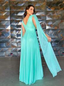 LONG DRESS FOR WEDDING BRIDESMAID GRADUATES PLEATED TULLE WITH SHINE - Green - View 2