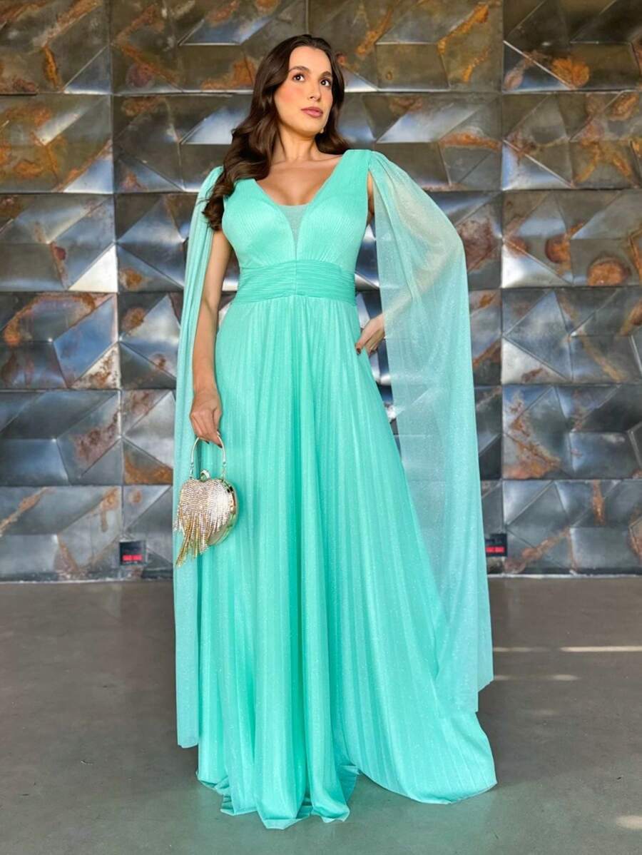 LONG DRESS FOR WEDDING BRIDESMAID GRADUATES PLEATED TULLE WITH SHINE - Green - View 1