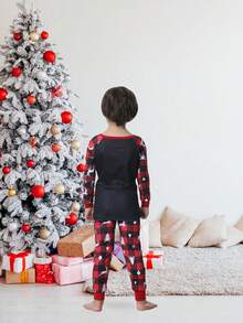 2 件套幼儿男孩紧身圣诞家庭睡衣套装，长袖格子驯鹿印花睡衣家居服套装 - 黑色 - 查看 2