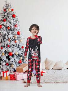 2 件套幼儿男孩紧身圣诞家庭睡衣套装，长袖格子驯鹿印花睡衣家居服套装 - 黑色 - 查看 6
