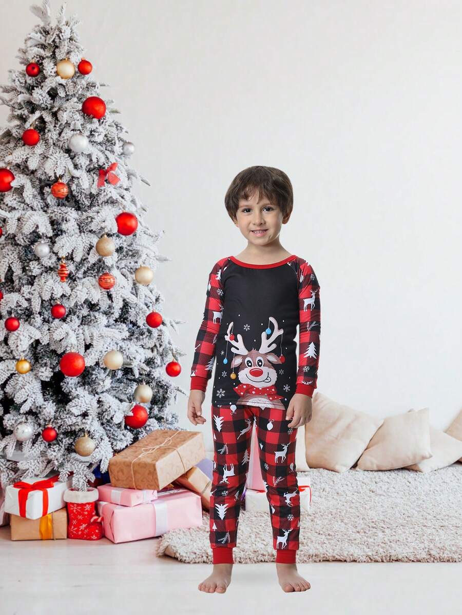 2 件套幼儿男孩紧身圣诞家庭睡衣套装，长袖格子驯鹿印花睡衣家居服套装 - 黑色 - 查看 1