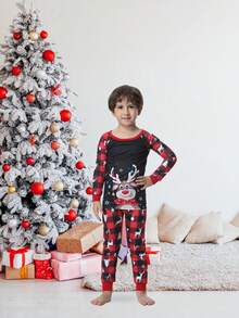 2 件套幼儿男孩紧身圣诞家庭睡衣套装，长袖格子驯鹿印花睡衣家居服套装 - 黑色 - 查看 4