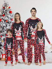 2 件套幼儿男孩紧身圣诞家庭睡衣套装，长袖格子驯鹿印花睡衣家居服套装 - 黑色 - 查看 3