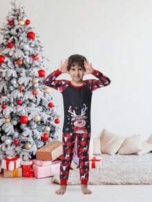 2 件套幼儿男孩紧身圣诞家庭睡衣套装，长袖格子驯鹿印花睡衣家居服套装 - 黑色 - 查看 5