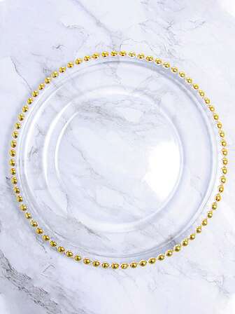 2 piezas/4 piezas Plato con borde dorado y perlas, plato de frutas, plato de comedor occidental, plato de perlas, plato de vajilla, plato de perlas con estampado en caliente dorado para festivales, plato decorativo de bodas con perlas doradas, plato decorativo de fiestas con perlas doradas, plato de frutas de lujo