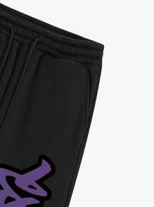 Lonblece 2 件男士时尚涂鸦卡通人物印花连帽运动衫和喇叭裤套装 - 黑色 - 查看 7