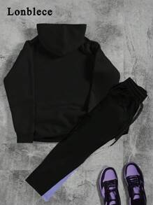 Lonblece 2 件男士时尚涂鸦卡通人物印花连帽运动衫和喇叭裤套装 - 黑色 - 查看 2