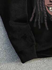 Lonblece 2 件男士时尚涂鸦卡通人物印花连帽运动衫和喇叭裤套装 - 黑色 - 查看 6