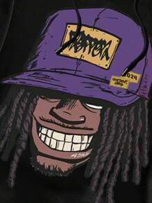 Lonblece 2 件男士时尚涂鸦卡通人物印花连帽运动衫和喇叭裤套装 - 黑色 - 查看 5