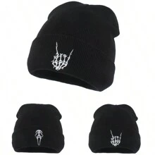 欧美时尚个性手势鬼脸刺绣双面针织帽男女款保暖滑雪帽街头朋克嘻哈针织帽万圣节 - 多色 - 查看 9