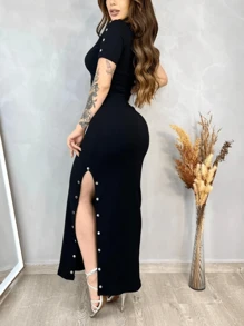 Mid-Length Sleeve Dress, Elegant Midi Dress, Mid-Length Dress With Padding - 黑色 - 查看 1