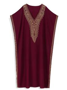 Red Embroidered Short Sleeve Casual & Elegant Kaftan Robe For Women Eid Spring - Đỏ - Xem 6