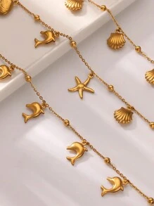 Vòng chân bằng thép không gỉ hình vỏ sò, cá heo và sao biển thuộc bộ sưu tập Summer Beach Ocean dành cho nữ. - Vàng - Xem 5