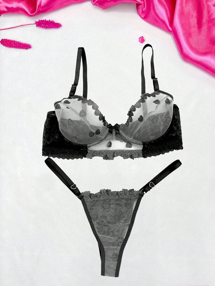 Sexy Hearts Bra Set Without Padding - 黑色 - 查看 1