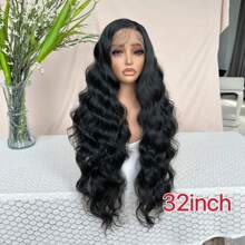 Peruca Sintética Ondulada com Frente de Renda 13*6, Cabelo Extra Longo de 32 Polegadas, Repartição Central, Preto Natural com Destaques Loiro Mel, Adequada para Festa e Uso Diário, Fibra Resistente ao Calor, Peruca Completa para Mulheres - Preto - Visão 4