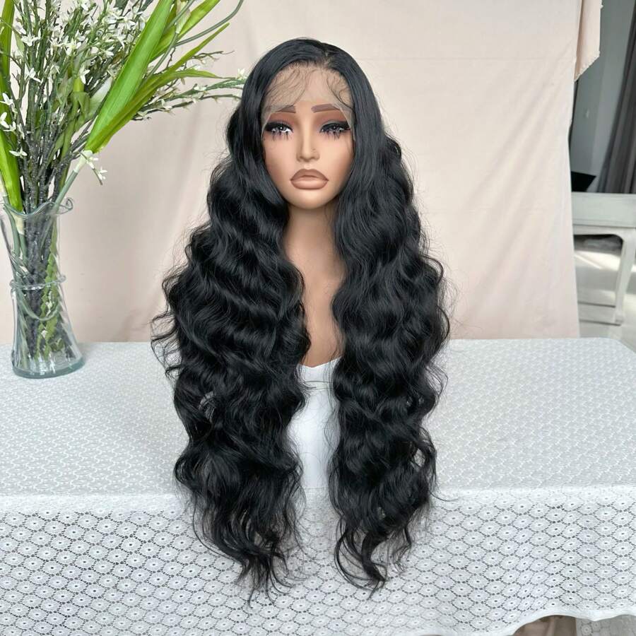 Peruca Sintética Ondulada com Frente de Renda 13*6, Cabelo Extra Longo de 32 Polegadas, Repartição Central, Preto Natural com Destaques Loiro Mel, Adequada para Festa e Uso Diário, Fibra Resistente ao Calor, Peruca Completa para Mulheres