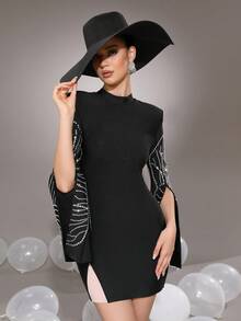 Modphy New Embellished Bandage Mini Dress, Long Sleeve Round Neck Tight Fitted Party Evening Gown For Women - Black - View 2