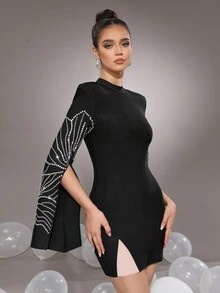 Modphy New Embellished Bandage Mini Dress, Long Sleeve Round Neck Tight Fitted Party Evening Gown For Women - Black - View 6
