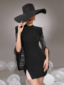 Modphy New Embellished Bandage Mini Dress, Long Sleeve Round Neck Tight Fitted Party Evening Gown For Women - Black - View 1