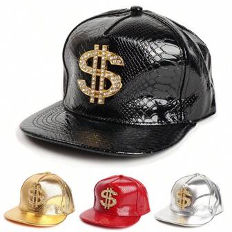 1pc Street Party Casual PU Leather Patchwork Hip Hop Hat With Dollar Sign, Unisex All Season Gold Snapback Cap Halloween