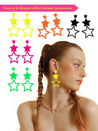 Forever & Momen 1/3/5 Pairs Acrylic Retro Big Star Drop Dangle Earrings For Women, Colorful Neon Geometric Pentagram Long Tassel Earrings 80s Party Charm Dress Up Earrings