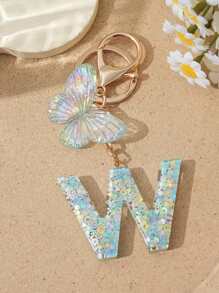 1pc Creative Keychain With Letter Stone Resin Pendant, Butterfly Tassel Letter Charm Keyring For Girls - White - View 9