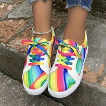 Women's Rainbow Walking Sneakers Casual Sports Tennis Running Shoes Ladies Fashion Colorful Canvas Lace Up Comfortable Flat Bottomed Casual Shoes Slip On Shoes Casual - 彩色 - 查看 2