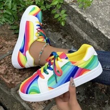 Women's Rainbow Walking Sneakers Casual Sports Tennis Running Shoes Ladies Fashion Colorful Canvas Lace Up Comfortable Flat Bottomed Casual Shoes Slip On Shoes Casual - 彩色 - 查看 1