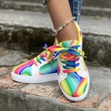 Women's Rainbow Walking Sneakers Casual Sports Tennis Running Shoes Ladies Fashion Colorful Canvas Lace Up Comfortable Flat Bottomed Casual Shoes Slip On Shoes Casual - 彩色 - 查看 5
