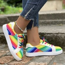 Women's Rainbow Walking Sneakers Casual Sports Tennis Running Shoes Ladies Fashion Colorful Canvas Lace Up Comfortable Flat Bottomed Casual Shoes Slip On Shoes Casual - 彩色 - 查看 3