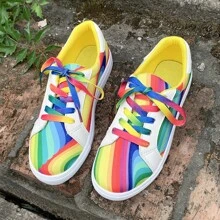 Women's Rainbow Walking Sneakers Casual Sports Tennis Running Shoes Ladies Fashion Colorful Canvas Lace Up Comfortable Flat Bottomed Casual Shoes Slip On Shoes Casual - 彩色 - 查看 7
