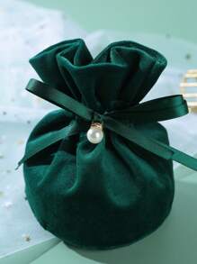 1pc Faux Pearl Decor Gift Bag, Green Pink Red Polyester Drawstring Bag For Holiday Party, Gift Packaging Bag Suitable For Packaging Watches, Jewelry, Accessories, Especially Suitable For Festivals Or Wedding Party - Green - View 2