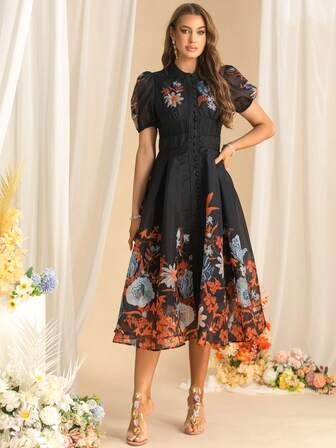 Fashion Versatile Shirt Dress Summer Short-Sleeved Stand-Up Collar Single-Breasted Lace-Up Printed Shirt Dresses