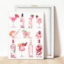 1pc Canvas Hanging Art Easy To Hang Holiday Cocktail Art: Pink Wine Bottle And Glass Collectible Wall Decor,Wall Art,Poster Room Decor
