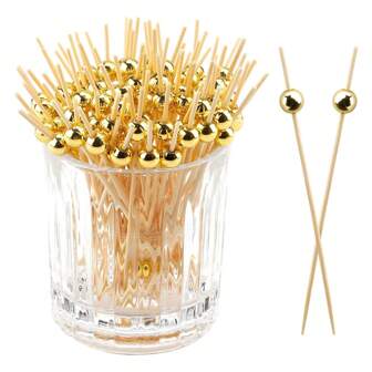 200 支鸡尾酒签棒，用于开胃菜、装饰、饮料和水果派对的花式牙签，竹金球食物签，圣诞节