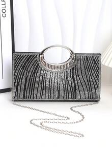 新款设计水钻装饰小方形手拿包，女士晚会单肩包，新娘婚礼手提包，优雅高端，适合婚礼、派对、生日、礼物、俱乐部和夜间活动 - 黑色 - 查看 2