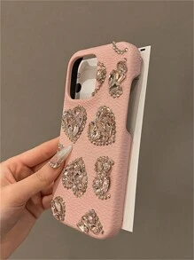 Rosa Leder Herz Element Lychee Textur funkelnder Strass Herz Handyhülle kompatibel mit iPhone 17 Pro Max/17 Pro/17, 16 Pro Max/16 Pro/16, 15 Pro Max/15 Pro/15, Neu 14 Pro Max/14 Pro/13, Stoßfest 12/11 Frühlings Geschenk Geburtstags Party Mama - Pink - Übersicht 2