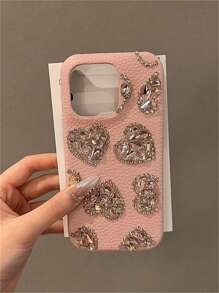 Rosa Leder Herz Element Lychee Textur funkelnder Strass Herz Handyhülle kompatibel mit iPhone 17 Pro Max/17 Pro/17, 16 Pro Max/16 Pro/16, 15 Pro Max/15 Pro/15, Neu 14 Pro Max/14 Pro/13, Stoßfest 12/11 Frühlings Geschenk Geburtstags Party Mama - Pink - Übersicht 4