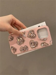 Rosa Leder Herz Element Lychee Textur funkelnder Strass Herz Handyhülle kompatibel mit iPhone 17 Pro Max/17 Pro/17, 16 Pro Max/16 Pro/16, 15 Pro Max/15 Pro/15, Neu 14 Pro Max/14 Pro/13, Stoßfest 12/11 Frühlings Geschenk Geburtstags Party Mama - Pink - Übersicht 5