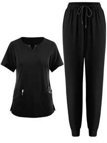 Conjunto de uniforme de mujer, uniforme de enfermera elástico y transpirable, uniformes para el trabajo - Negro - Ver 1