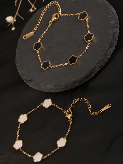 1pc 18K Gold Stainless Steel Black & White Clover Bracelet, European & American Style One-Sided White Shell Clover Bracelet, Suitable For Women To Wear For Party Or Daily