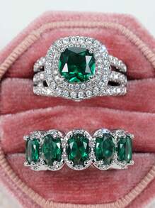 2 件/套时尚方晶锆石戒指套装女士适合婚礼订婚周年派对戒指珠宝情人节礼物 - 1# - 查看 5