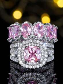 2 件/套时尚方晶锆石戒指套装女士适合婚礼订婚周年派对戒指珠宝情人节礼物 - 1# - 查看 8