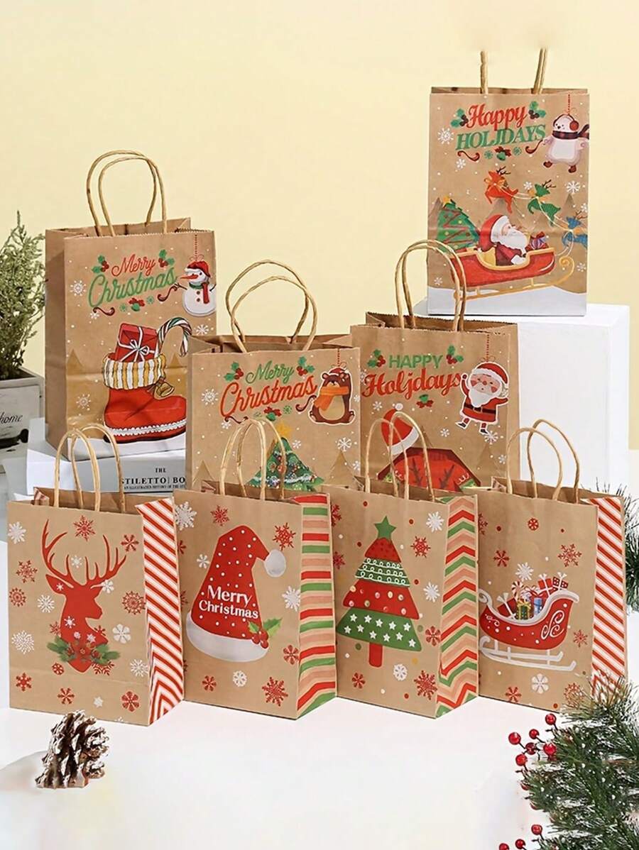 24 个圣诞礼品袋，8.27 英寸 X5.9 英寸 x3.15 英寸大号牛皮纸袋，带手柄圣诞礼品袋、圣诞袋、节日纸袋派对礼品袋圣诞纸质礼品袋 - 彩色 - 查看 1