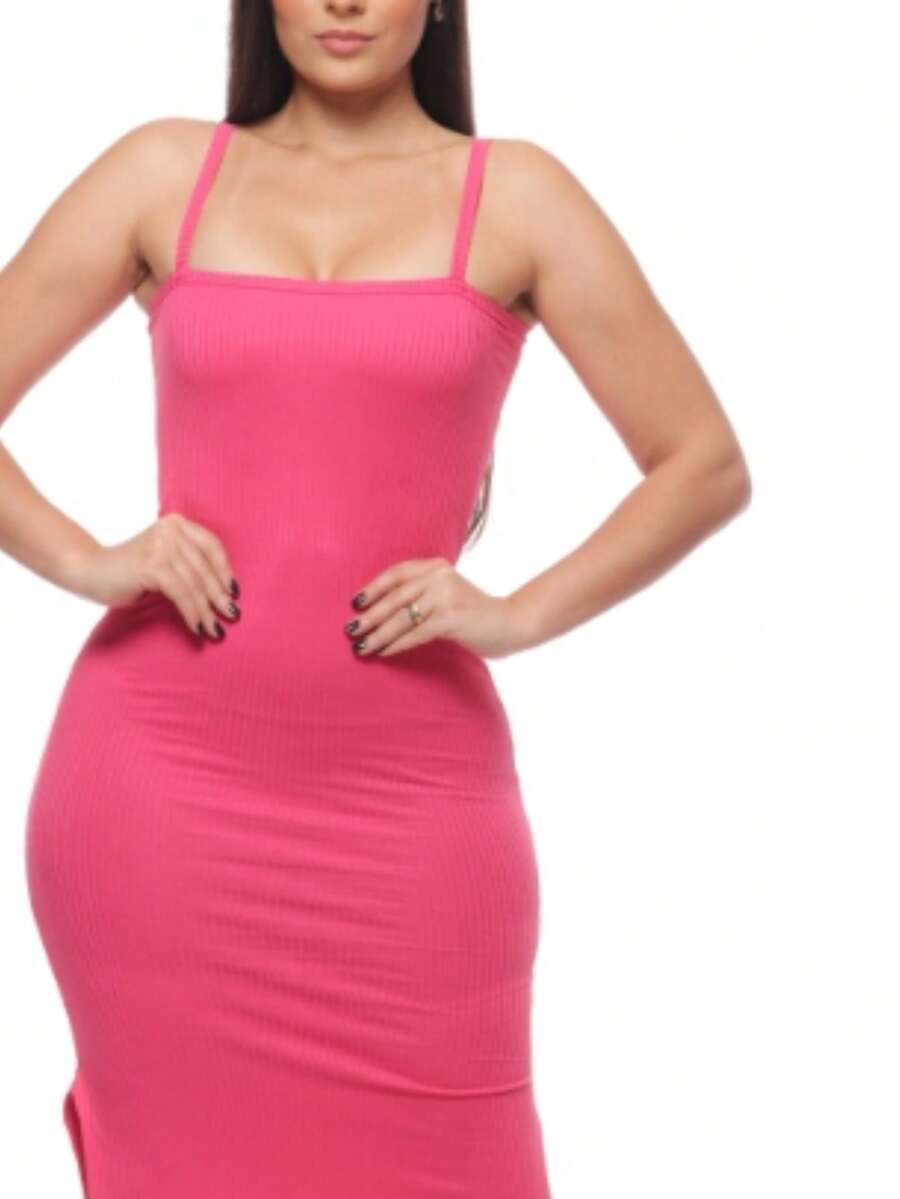 Women's Short Ribbed Dress With Basic Straps - 乾枯玫瑰色 - 查看 1