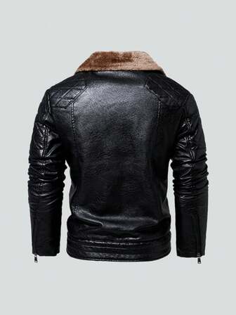 Herrjacka i PU-läder med vinterutomhuseffekt och fleece för pilot, svart skinnjacka med slag i motorcykelstil.