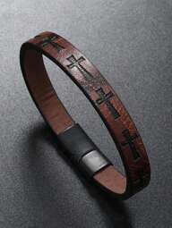 1pc Men's Fashionable Retro PU Leather Cross-Shape Magnetic Buckle Woven Bracelet - Cool Accessory For Father's Day, Birthday Or Anniversary Gift