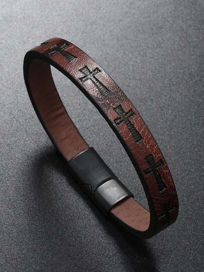 1pc Men's Fashionable Retro PU Leather Cross-Shape Magnetic Buckle Woven Bracelet - Cool Accessory For Father's Day, Birthday Or Anniversary Gift